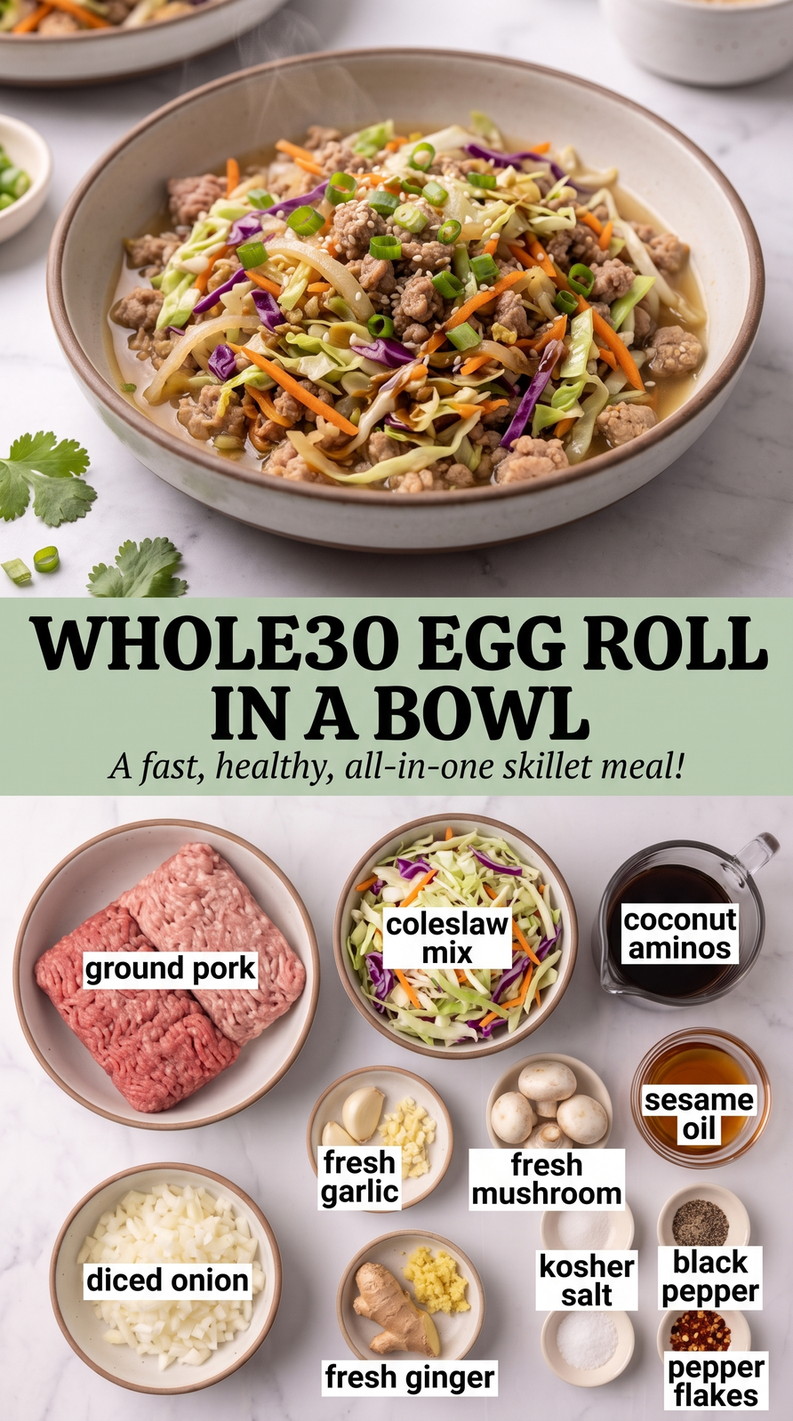 Whole30 Egg Roll in a Bowl showing ground pork with shredded cabbage, carrots, onion, garlic, ginger, scallions, sesame, and a savory sesame-soy coating