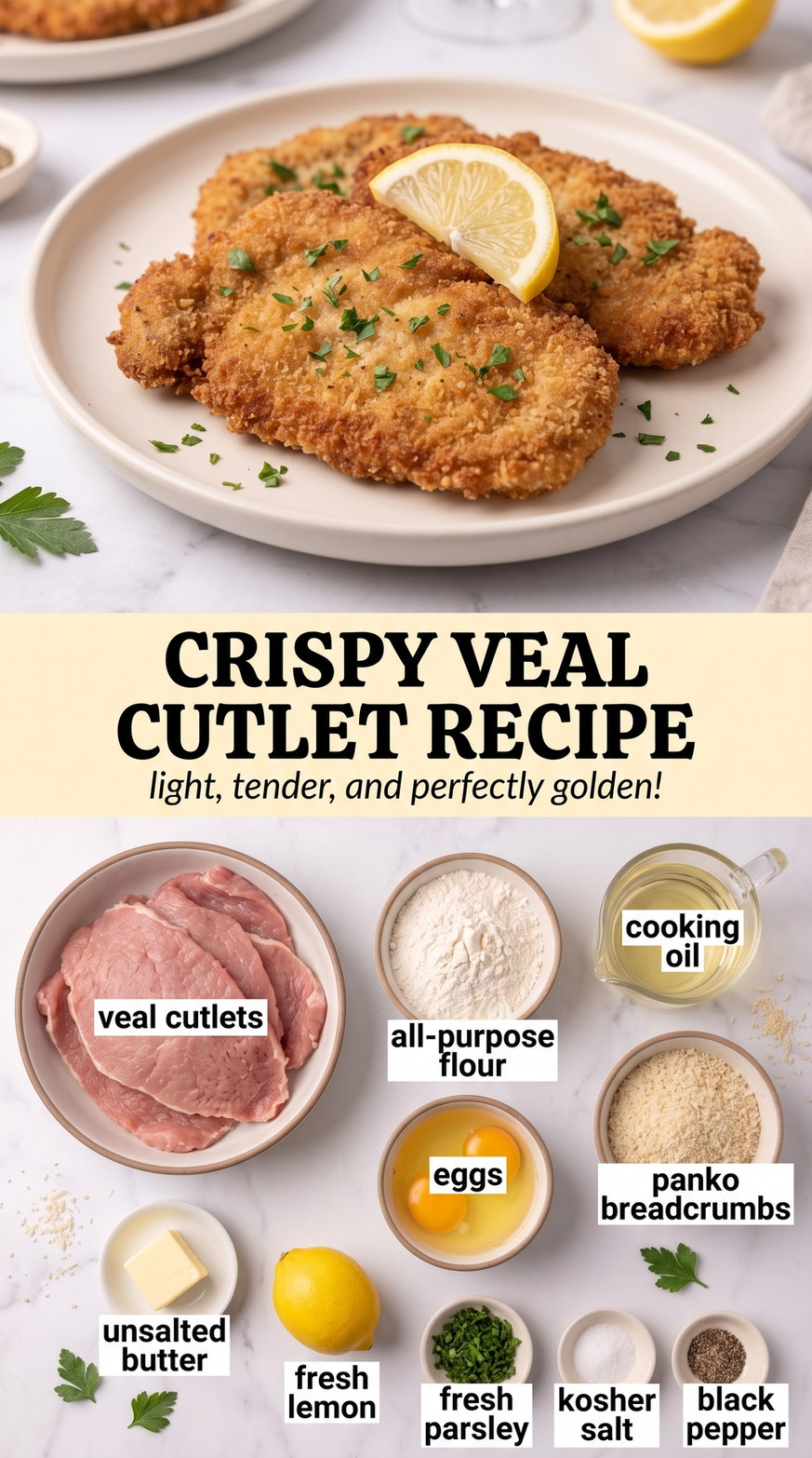 Veal Cutlets with Mushroom-Thyme Pan Sauce prepared as a finished veal cutlet recipe recipe with browned cutlets ready to serve