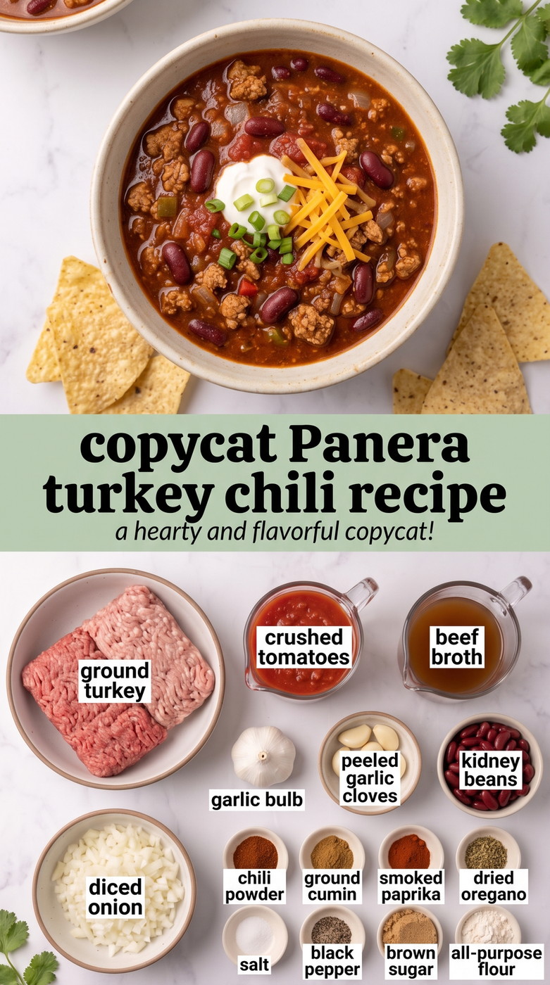 Copycat Panera Turkey Chili Recipe with turkey chili with kidney beans, tomatoes, onion, warm spices, cheddar, and green onion
