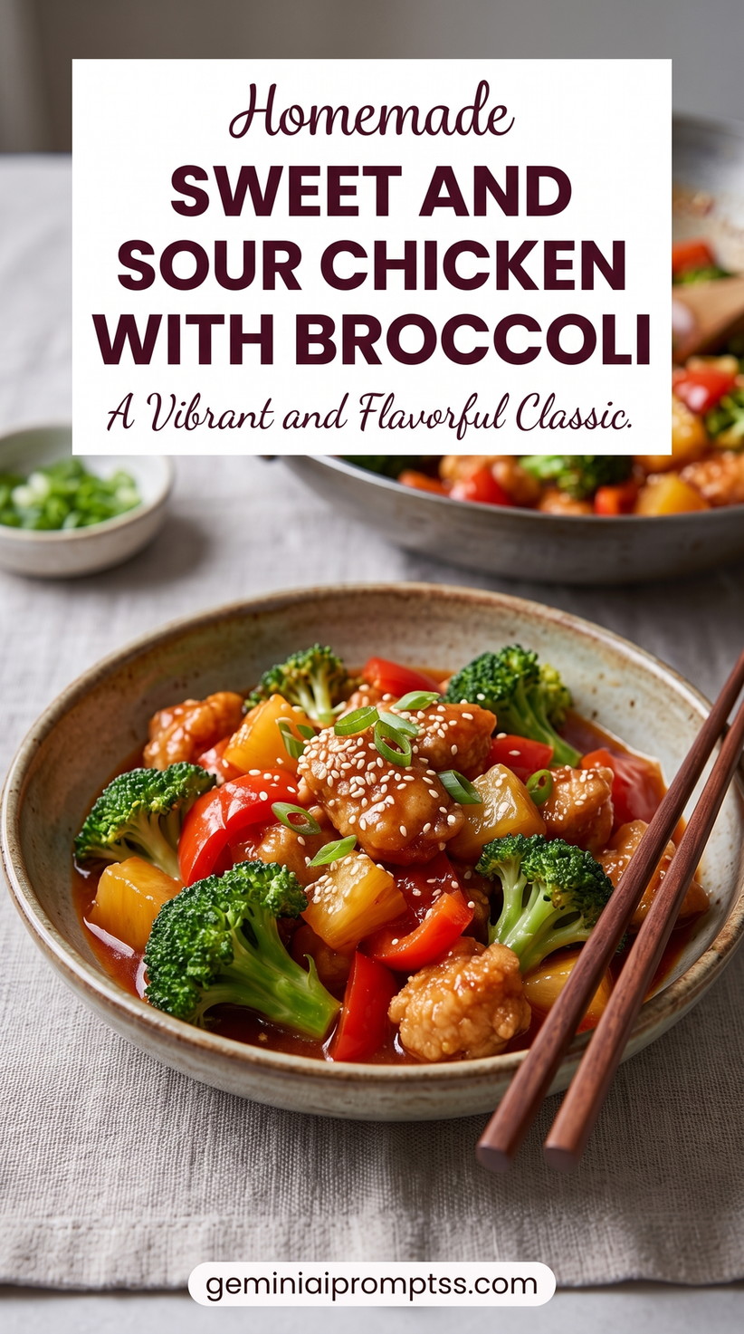 Sweet and sour chicken with broccoli showing a colorful skillet dish with broccoli, red pepper, pineapple, sesame, and scallions