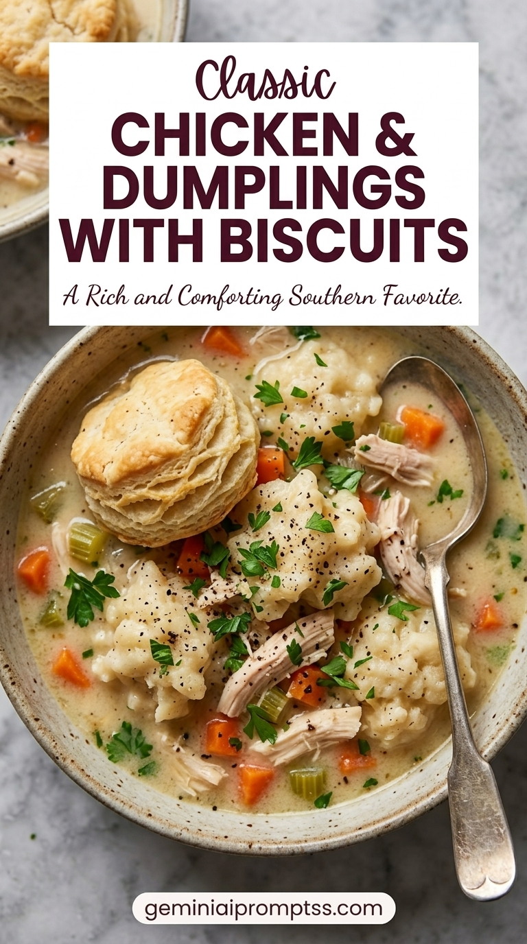 Chicken and Dumplings with Biscuits showing creamy chicken and vegetables with flaky golden biscuit rounds sitting on top