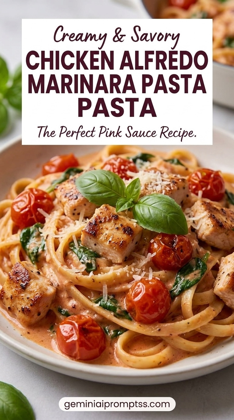 Chicken Alfredo Marinara Pasta with chicken, linguine, a creamy Parmesan sauce, grated cheese, and fresh green herb garnish