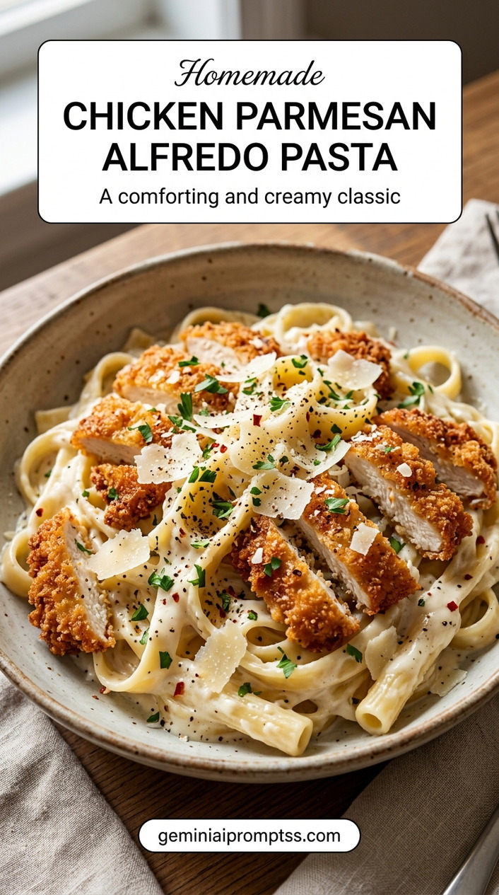 Chicken Parmesan Alfredo Pasta finished dish with crisp Parmesan crust