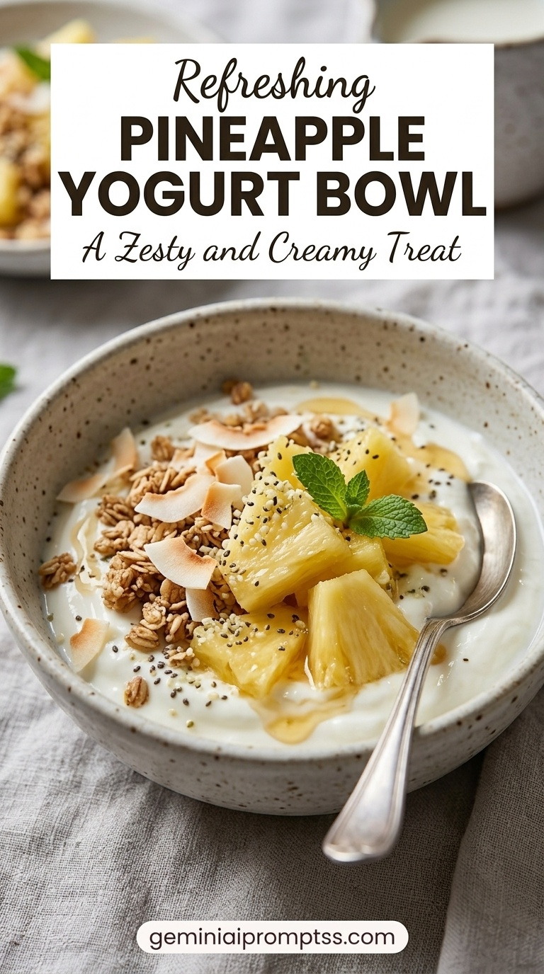 Pineapple Yogurt Bowl showing Greek yogurt with pineapple, granola, coconut, chia, lime, and mint