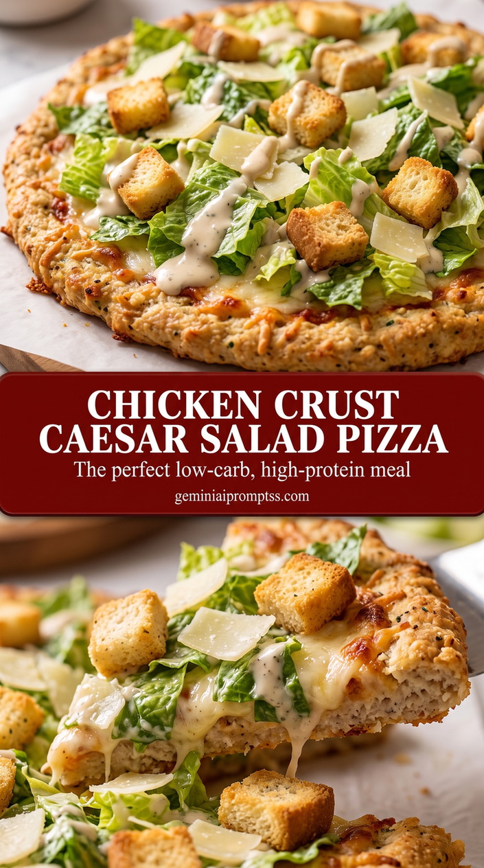 chicken-crust Caesar salad pizza with a thin chicken crust, crisp romaine, Parmesan, and Caesar-style dressing
