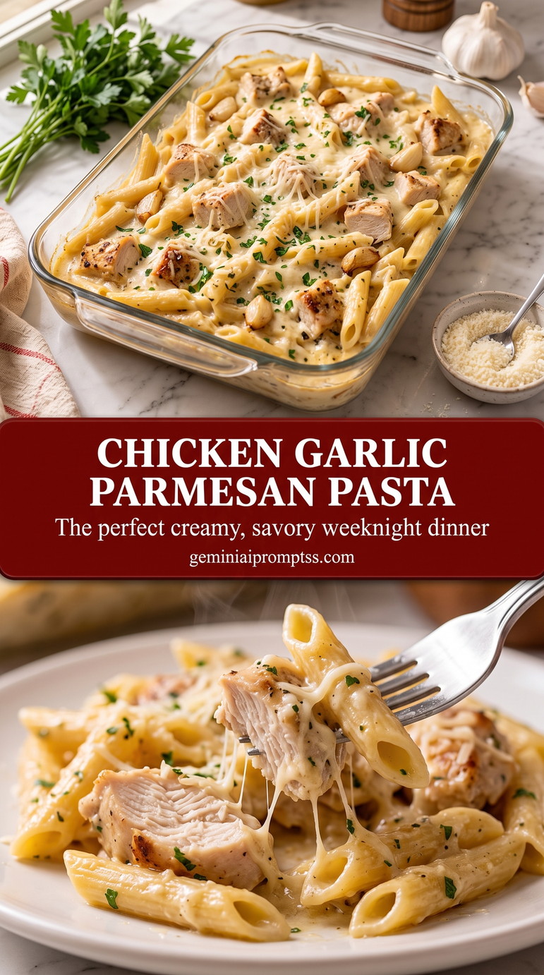 Chicken Garlic Parmesan Pasta with creamy chicken pasta with Parmesan, garlic, pale sauce, and a fresh herb finish