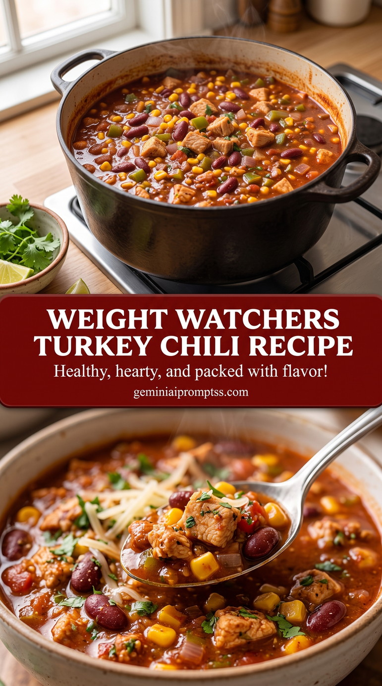 Weight Watchers turkey chili recipe with a lighter turkey chili with ground turkey, kidney beans, corn, tomato, peppers, herbs, and a light cheese garnish