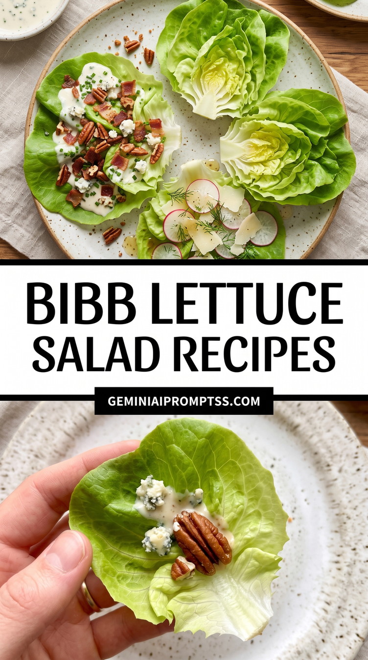 Bibb Lettuce Salad Recipes showing cup-shaped Bibb lettuce leaves with pecans, crumbled white cheese and small red accents