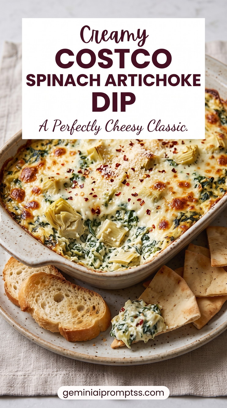 Costco spinach artichoke dip showing a copycat-inspired bulk-style dip with large artichoke pieces, spinach, browned cheese, and a light crumb top