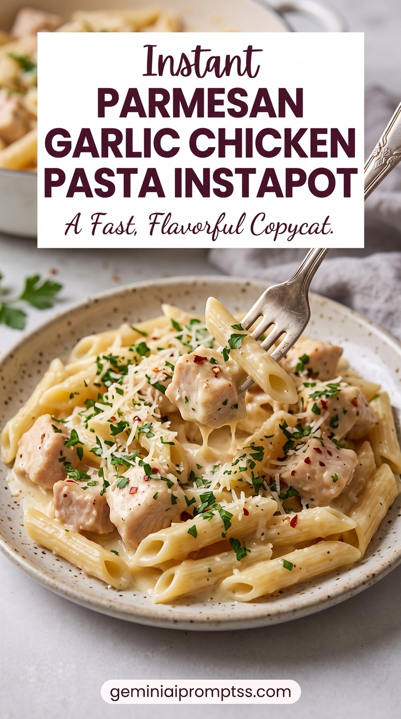 Bww Parmesan Garlic Chicken Pasta Instapot with chicken, penne, a creamy Parmesan sauce, grated cheese, and fresh green herb garnish