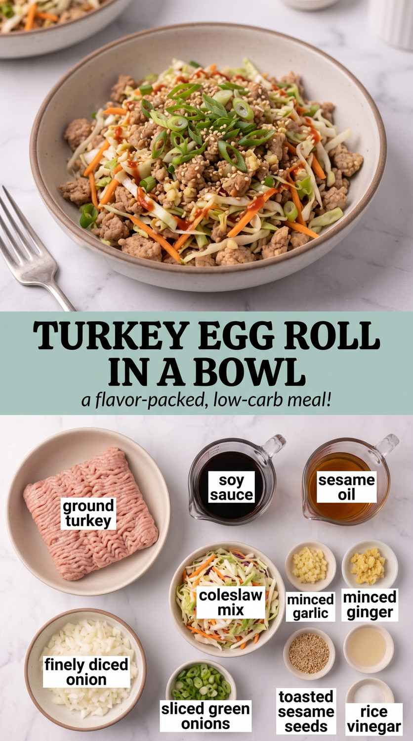 Turkey Egg Roll in a Bowl showing lean ground turkey with shredded cabbage, carrots, onion, garlic, ginger, scallions, sesame, and a savory sesame-soy coating