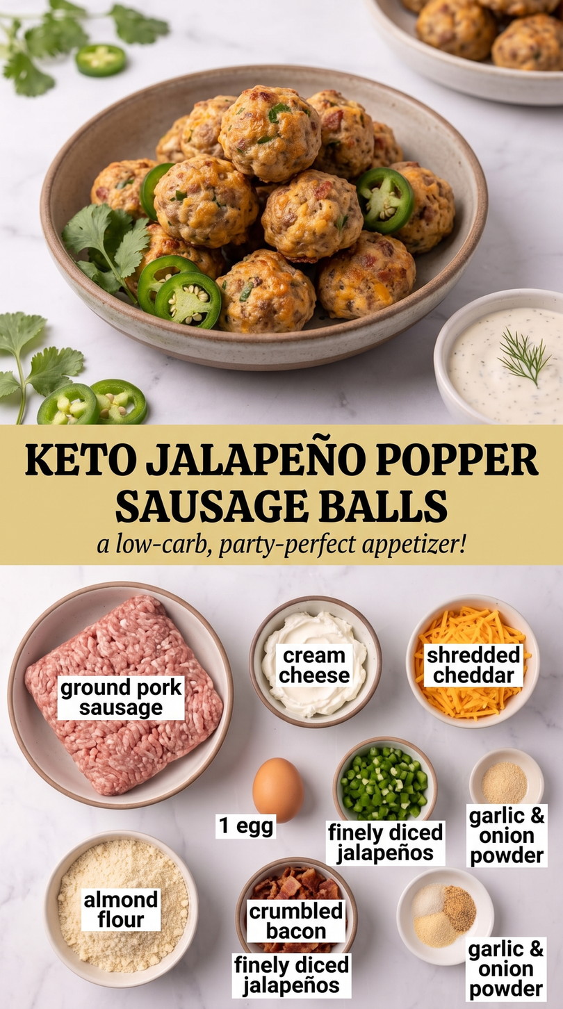 Keto Super Bowl Party Food with keto jalapeño-popper sausage balls with pork, cream cheese, cheddar, bacon, almond flour, and jalapeño