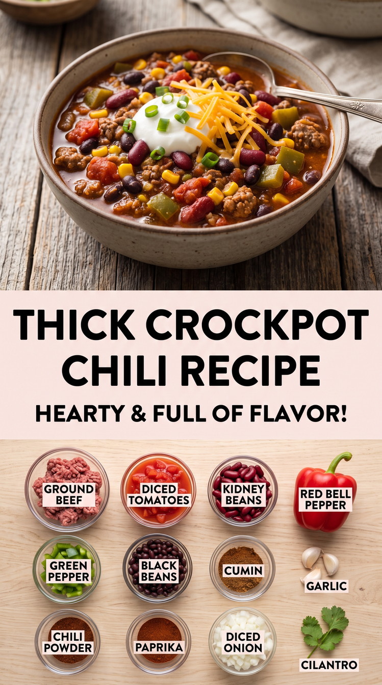 Thick Crockpot Chili Recipe with very thick chili with beef, kidney beans, black beans, peppers, tomatoes, cumin, garlic, and cilantro
