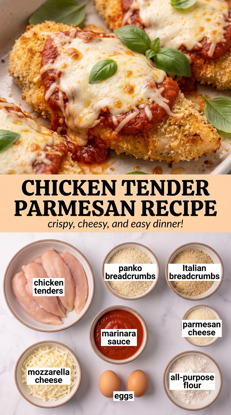 Chicken tender parmesan recipe showing golden breaded chicken topped with marinara, melted cheese, and herbs