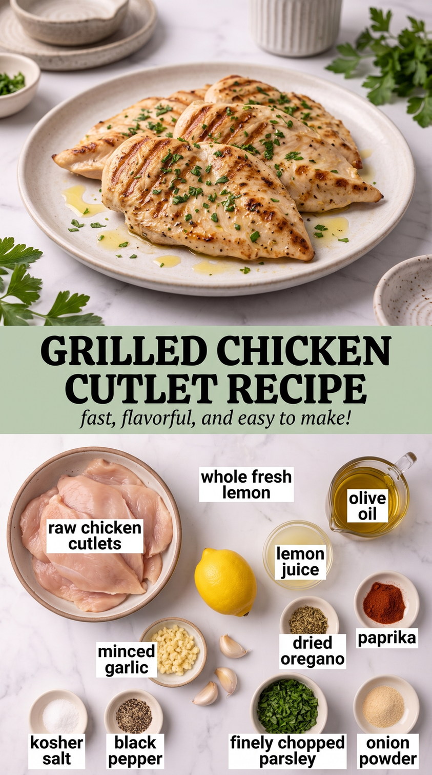 Grilled Chicken Cutlets with Herb Marinade prepared as a finished grilled chicken cutlet recipe recipe with browned cutlets ready to serve