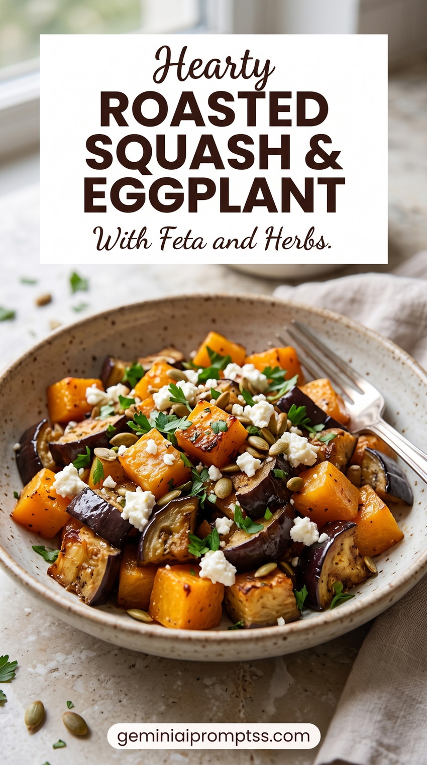 Roasted Butternut Squash and Eggplant with Feta showing roasted butternut squash and eggplant with feta, herbs, and seeds
