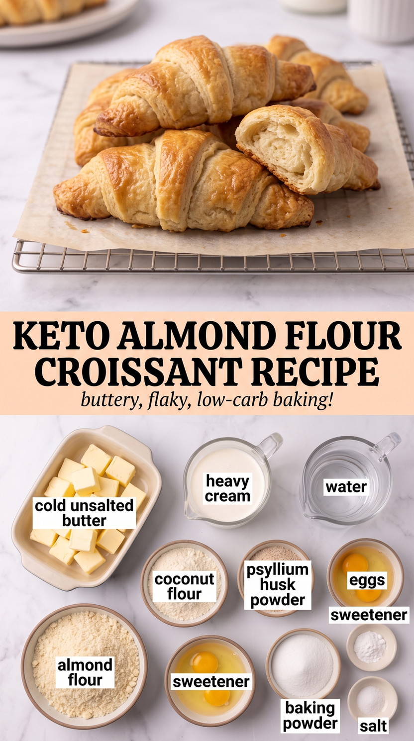 Keto Almond Flour Croissant Recipe showing golden low-carb croissant-shaped pastries made with almond and coconut flours