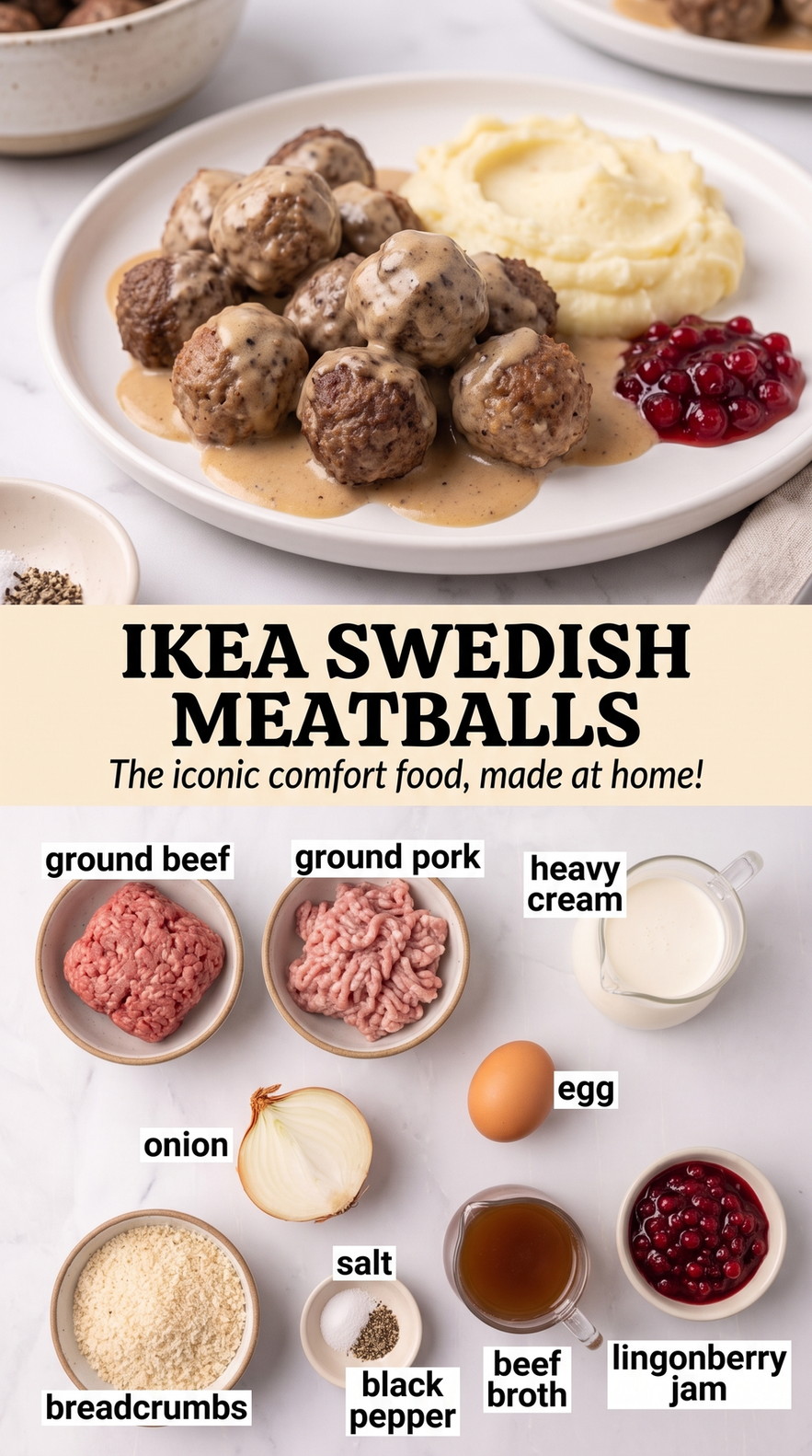 IKEA Swedish meatballs finished dish made with ground beef, ground pork, and heavy cream