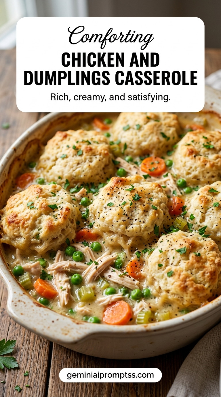 Chicken and Dumplings Casserole showing a baked chicken-and-vegetable casserole topped with browned, biscuit-like dumplings