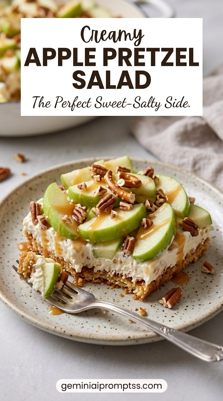 Apple Pretzel Salad showing a pretzel crust, creamy layer, thin green apple slices, pecans, and caramel