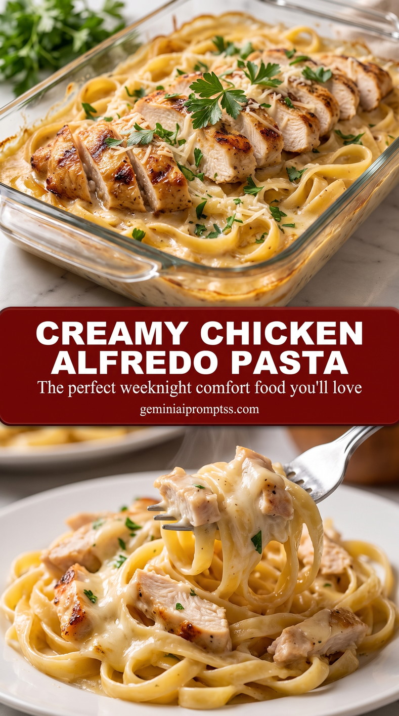 creamy chicken Alfredo pasta with tender chicken, pasta, creamy Parmesan sauce, and black pepper