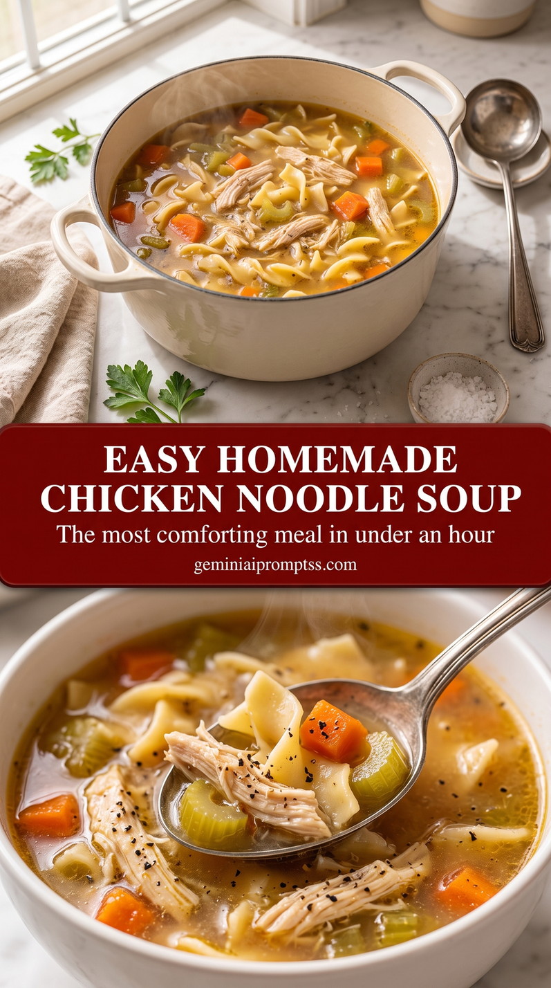 Easy Homemade Chicken Noodle Soup with tender chicken, noodles, carrots, celery, clear golden broth, and a light herb finish