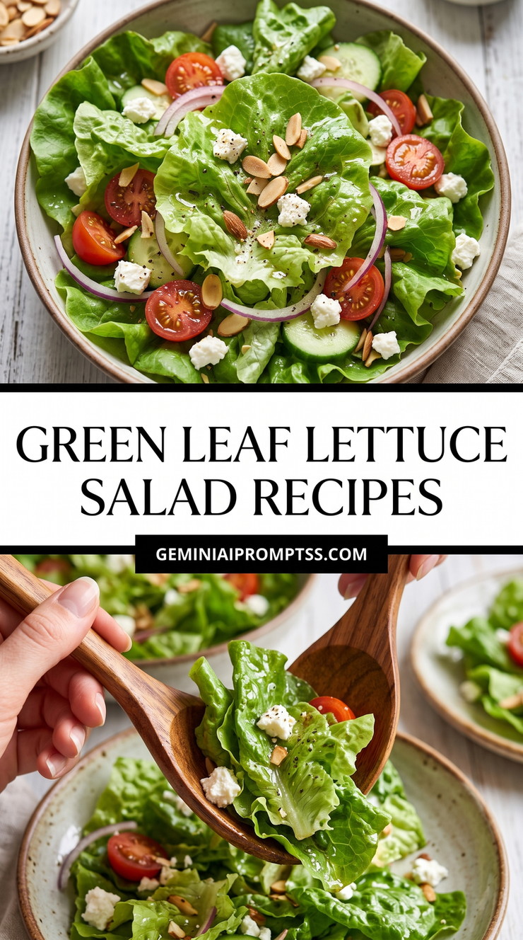 Green Leaf Lettuce Salad Recipes showing green leaf lettuce with cherry tomatoes, cucumber, white cheese and sliced nuts