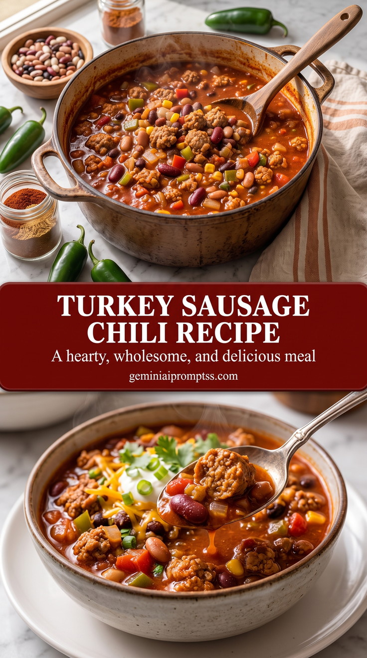 turkey sausage chili recipe with a turkey sausage chili with beans, corn, peppers, tomato, cheddar, sour cream, and green onion