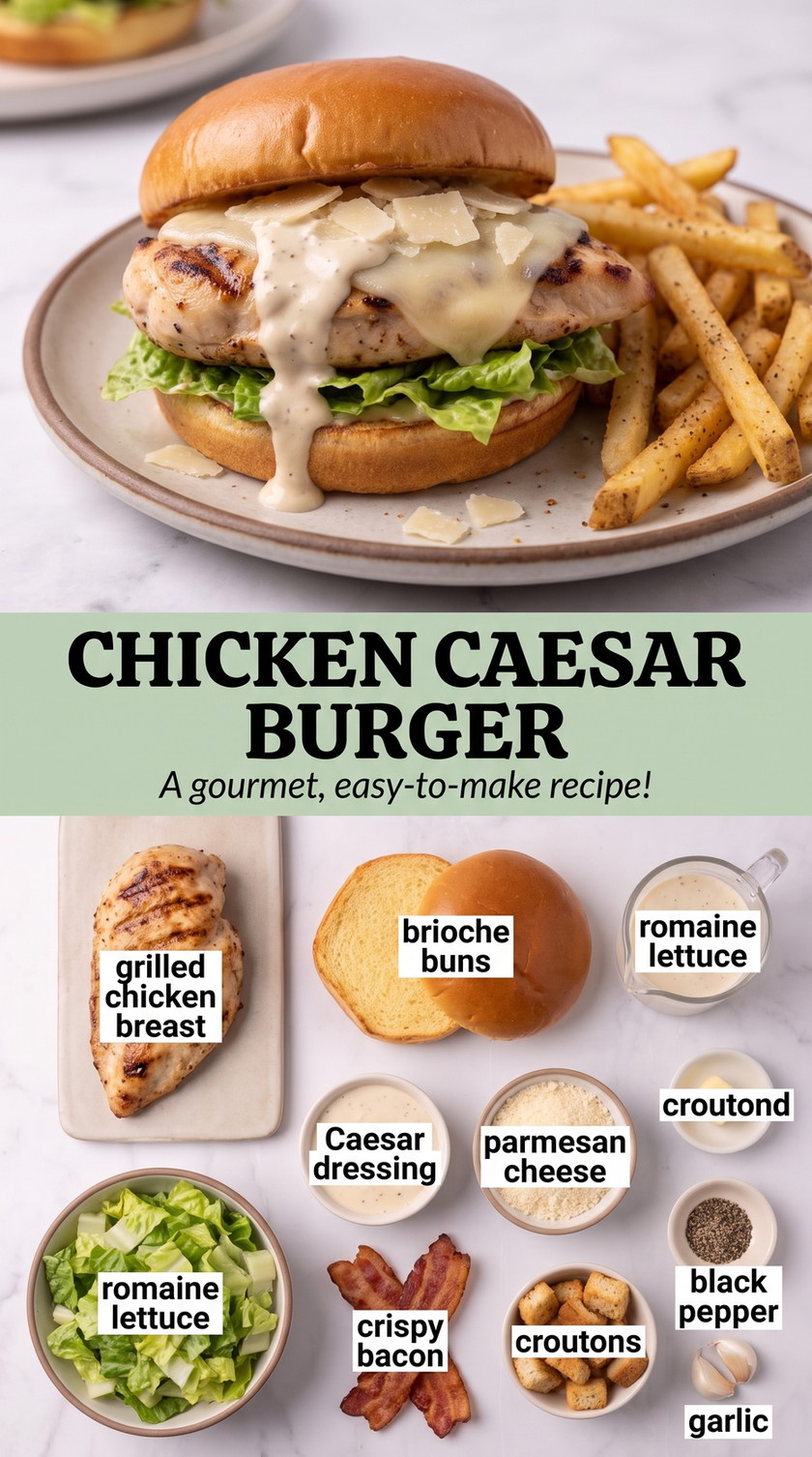 Chicken caesar burger showing a chicken Caesar burger with lettuce, Parmesan, and creamy dressing