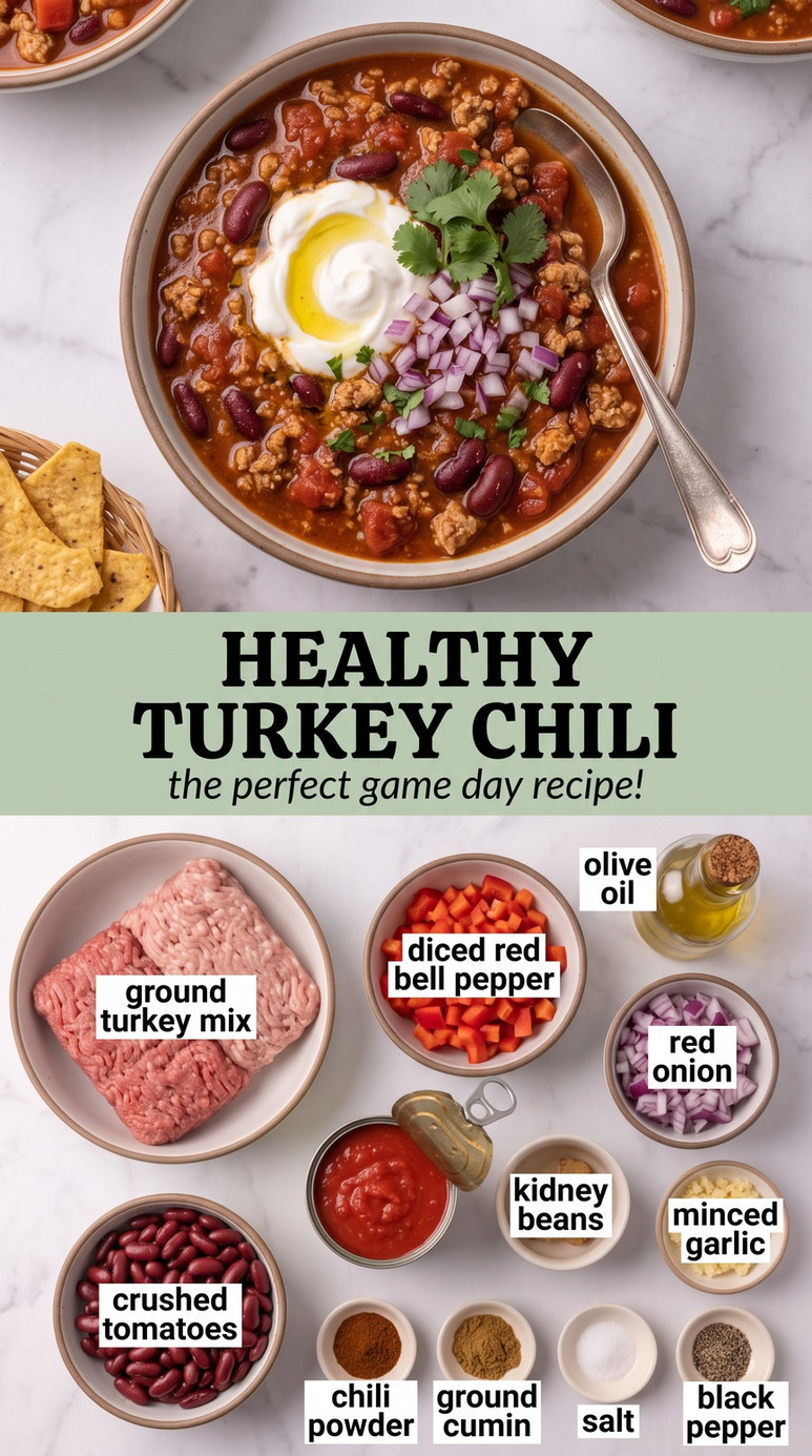 Healthy Super Bowl Party Food showing hearty turkey chili with beans, tomatoes, peppers, herbs, and a creamy yogurt topping
