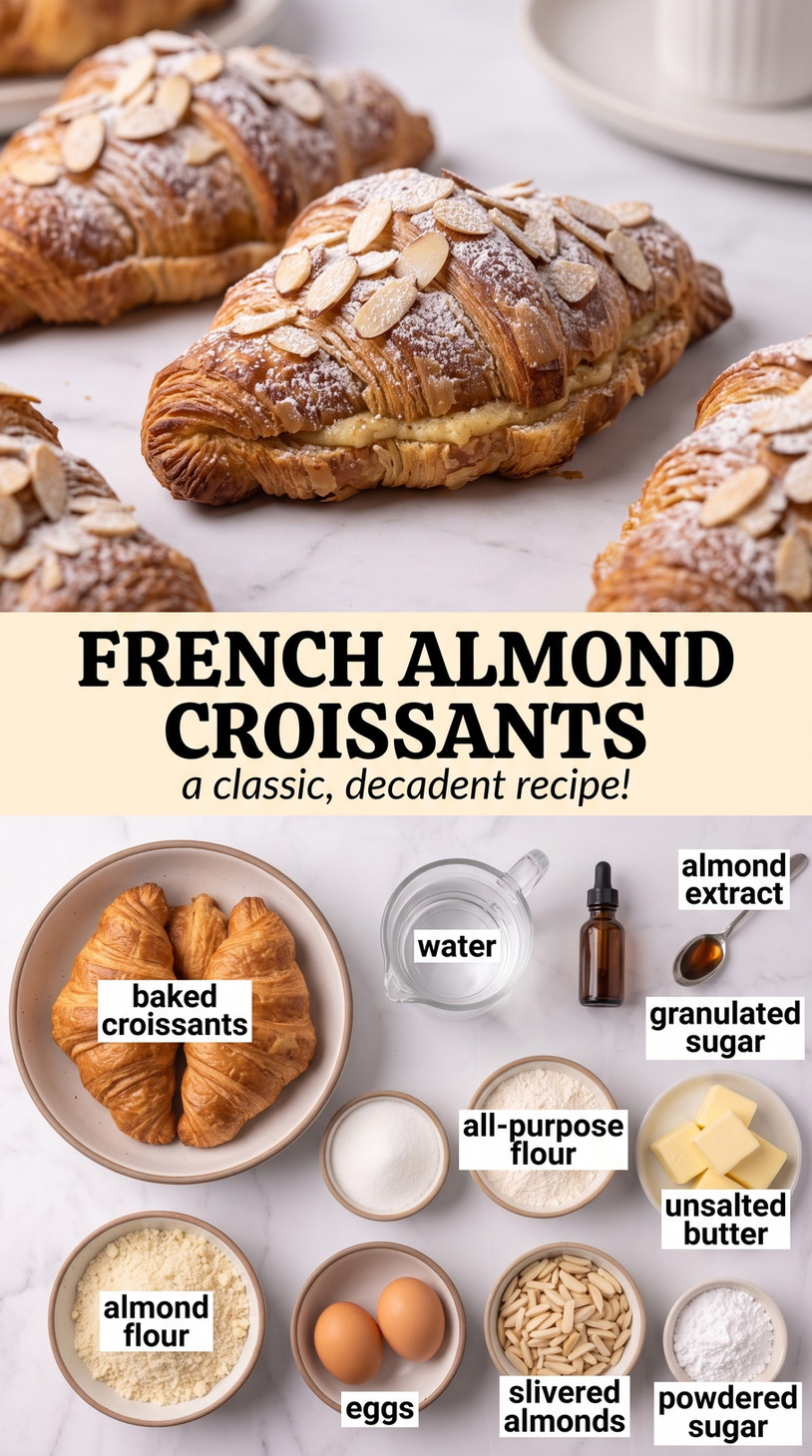 French Almond Croissant Recipe showing classic twice-baked French almond croissants with frangipane and sliced almonds