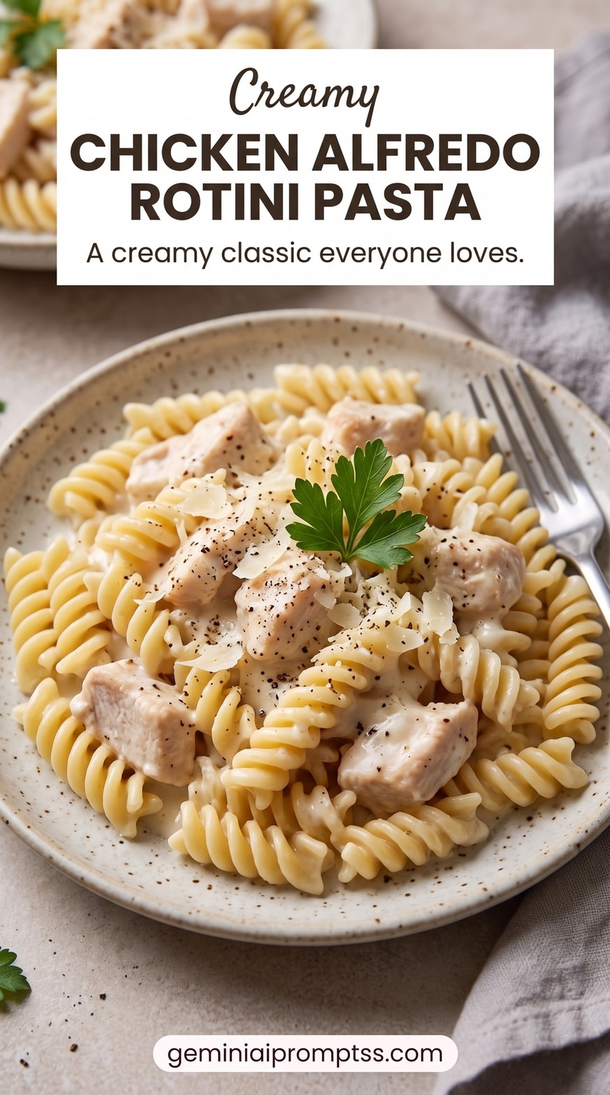 Jerk Chicken Alfredo Pasta with creamy sauce, chicken, pasta, Parmesan
