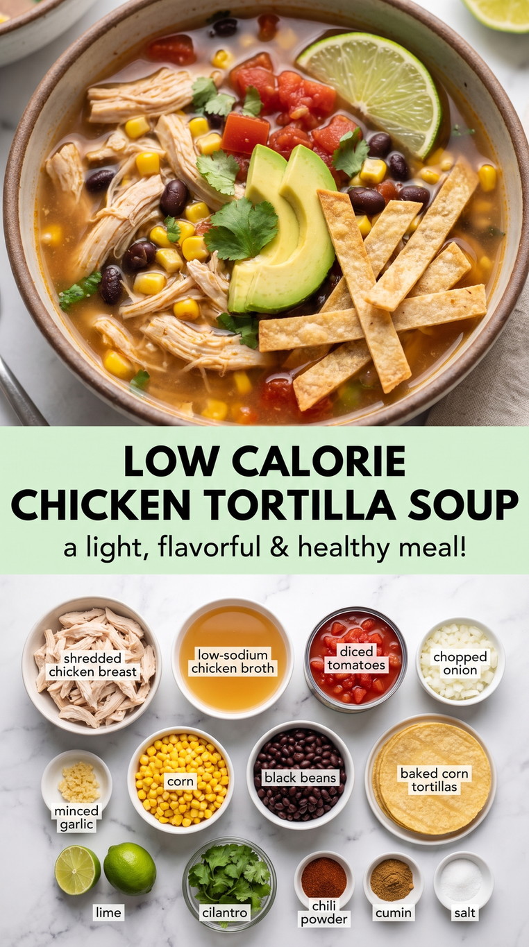 Low-Calorie Chicken Tortilla Soup - a hearty bowl with shredded chicken, beans, corn, tortilla strips, and fresh toppings