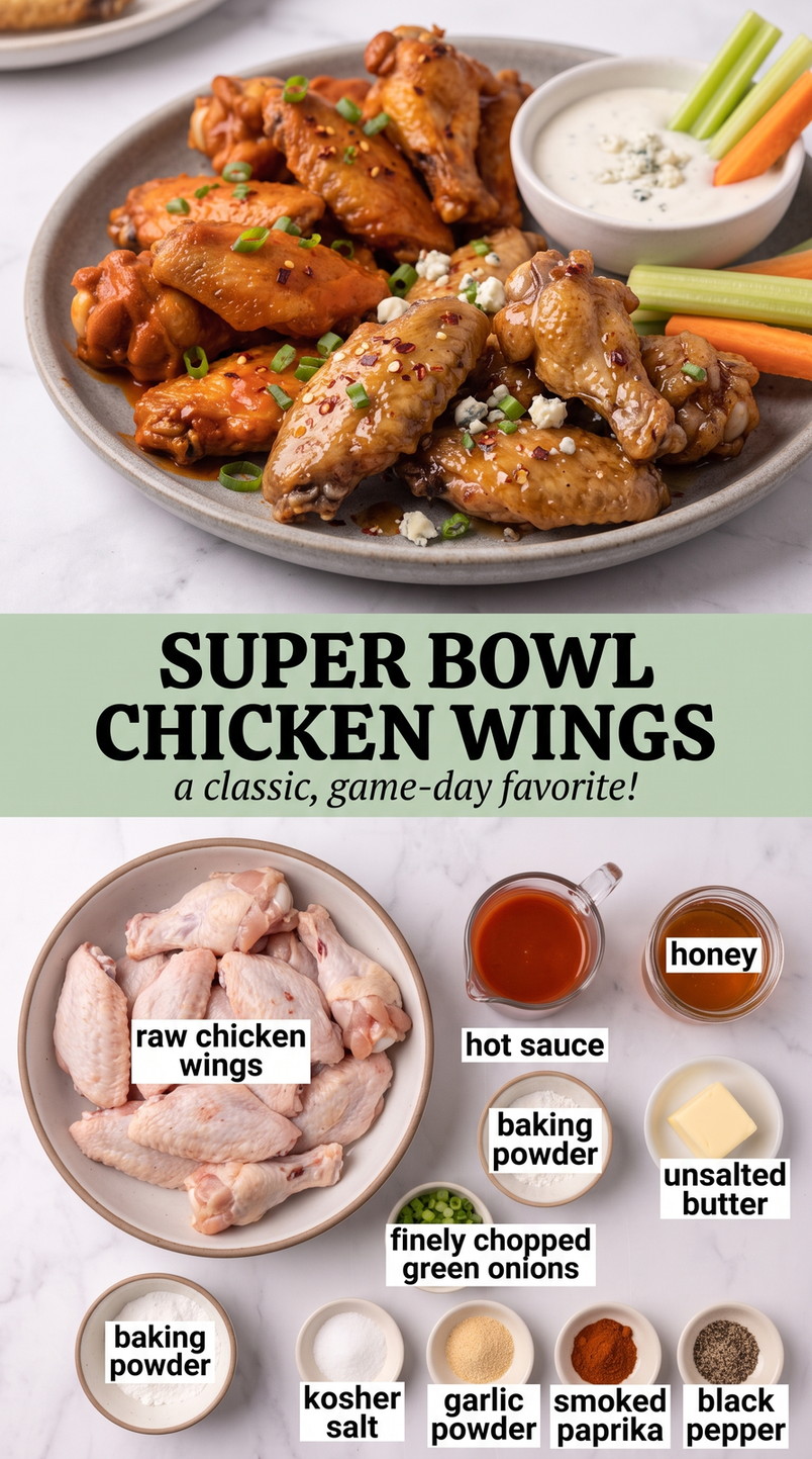Super Bowl Chicken Wings with crispy chicken wings glazed with hot sauce, butter, honey, smoked paprika, and green onion