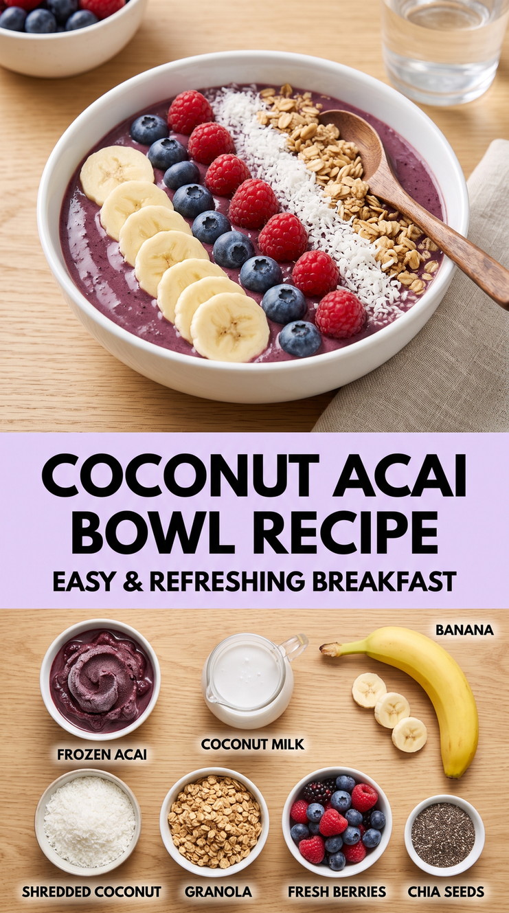 Coconut Acai Bowl Recipe with coconut acai with banana, berries, granola, shredded coconut, and chia