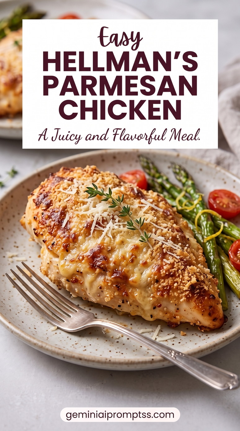 Hellmans Parmesan Crusted Chicken with golden Parmesan-crusted chicken with a crisp, textured top, a fresh green herb garnish, and a simple vegetable side