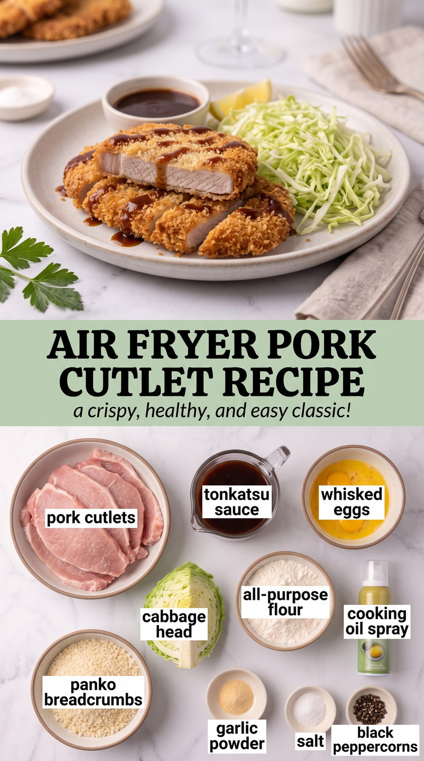 Air Fryer Pork Cutlets with Panko Crust prepared as a finished air fryer pork cutlet recipe recipe with browned cutlets ready to serve