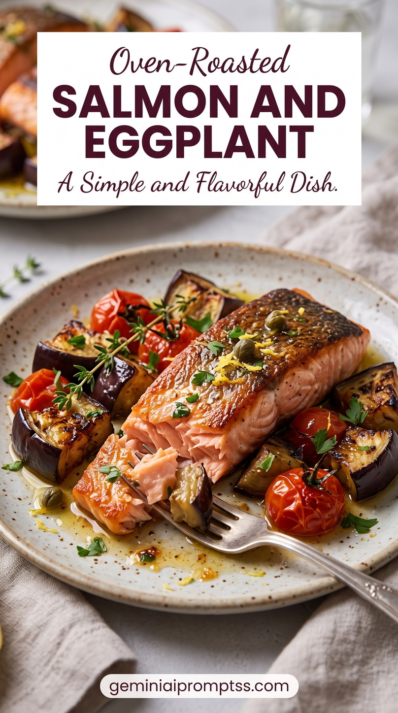 Oven-Roasted Salmon and Eggplant with Tomatoes showing salmon fillet served with roasted eggplant, cherry tomatoes, and herbs