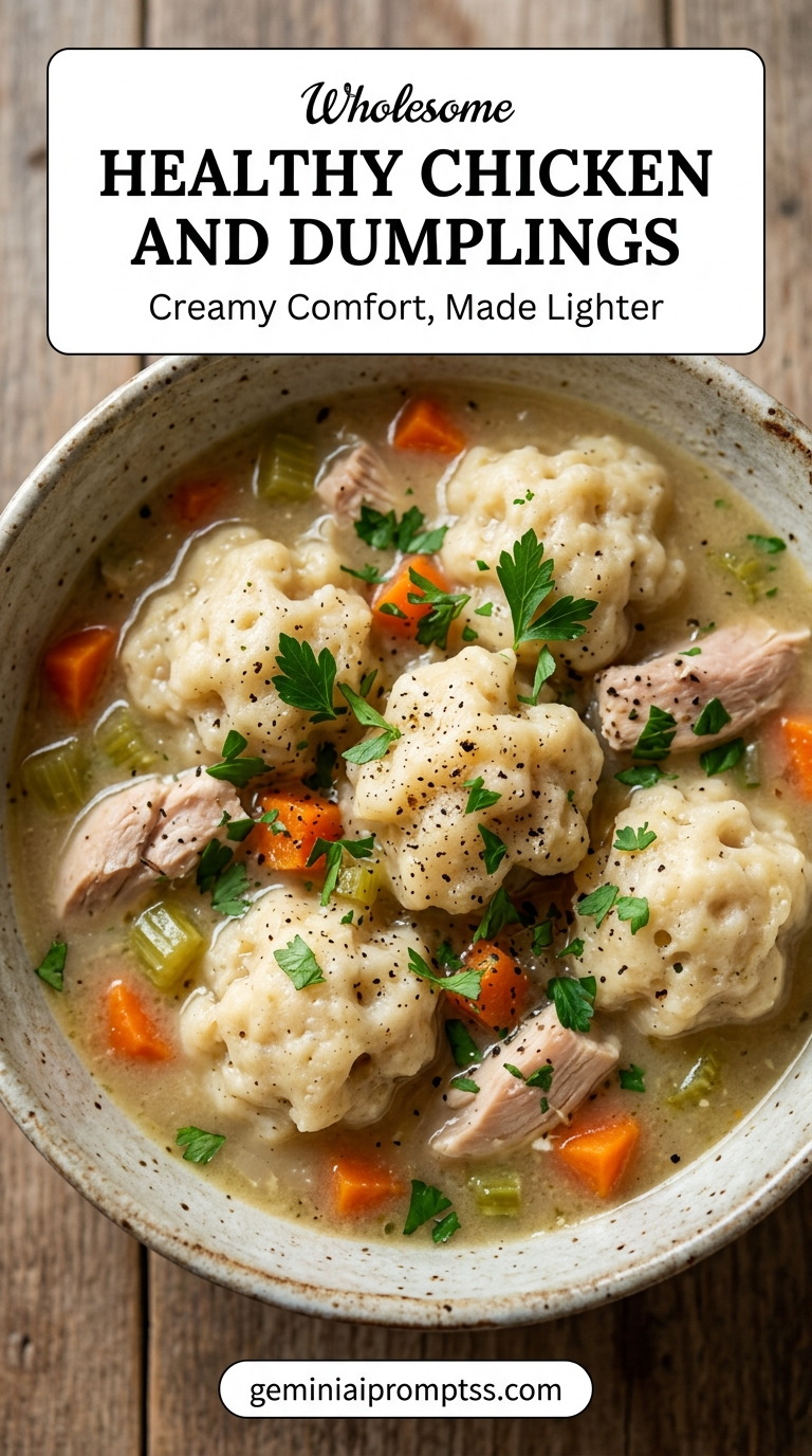 Healthy Chicken and Dumplings showing a lighter chicken-and-dumpling bowl with carrots, celery, lean chicken, fluffy dumplings, and fresh herbs