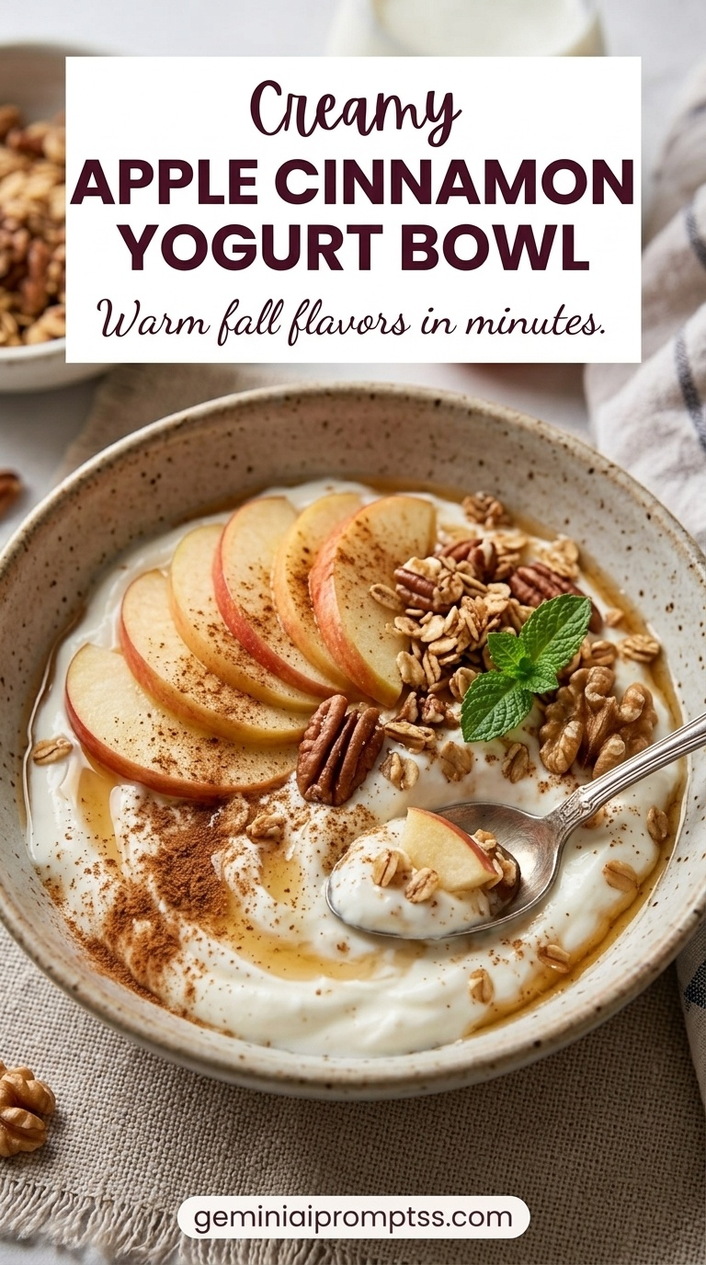 Apple Cinnamon Yogurt Bowl showing Greek yogurt with apples, banana, granola, pecans, cinnamon, and mint