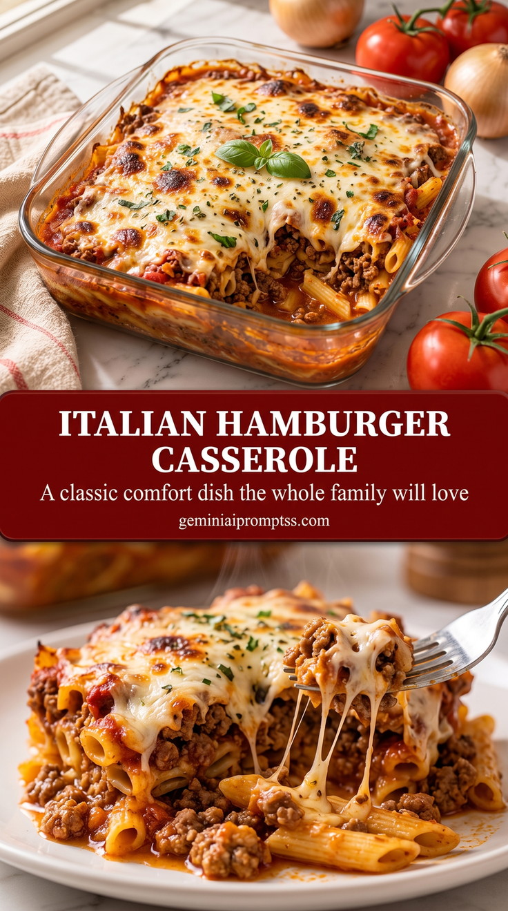 Italian hamburger casserole with an Italian hamburger casserole with penne pasta, beef tomato sauce, browned mozzarella, and basil