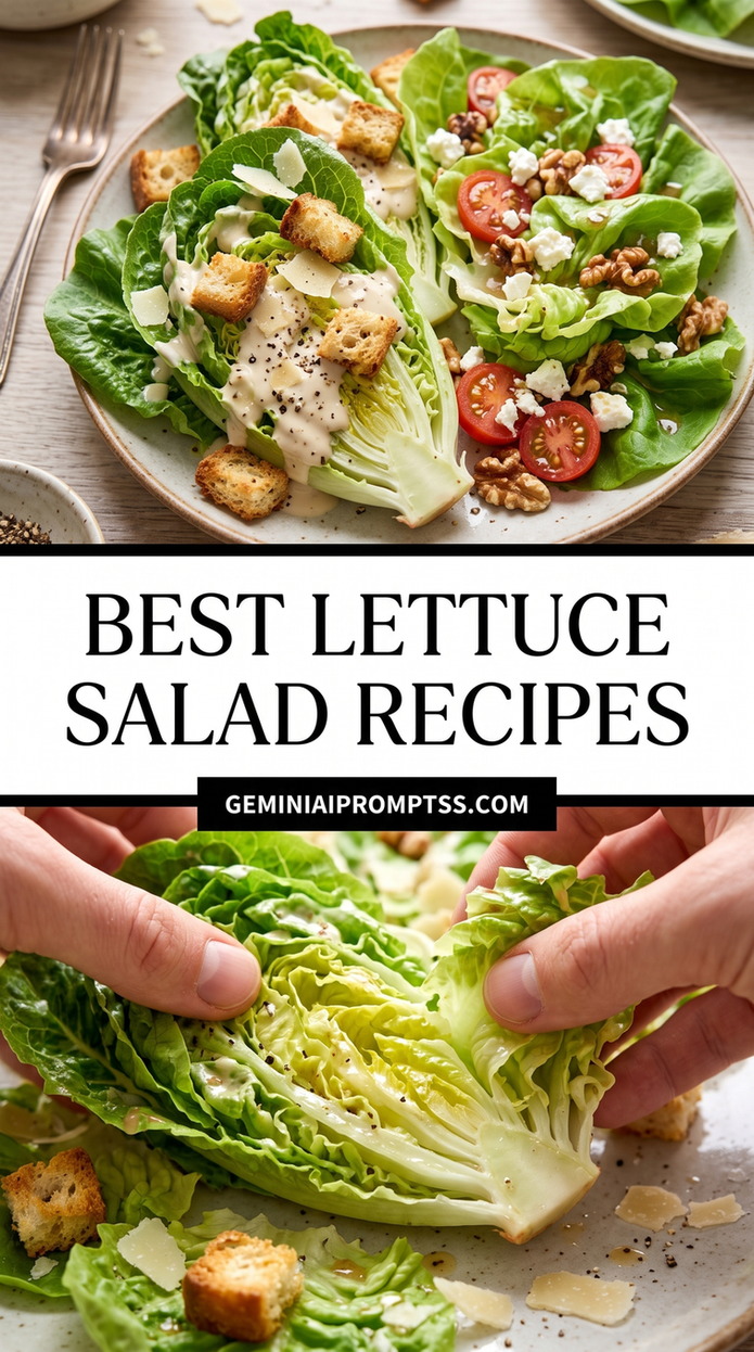 Best Lettuce Salad Recipes showing romaine-like lettuce, tomatoes, pale cheese, toasted croutons and walnuts
