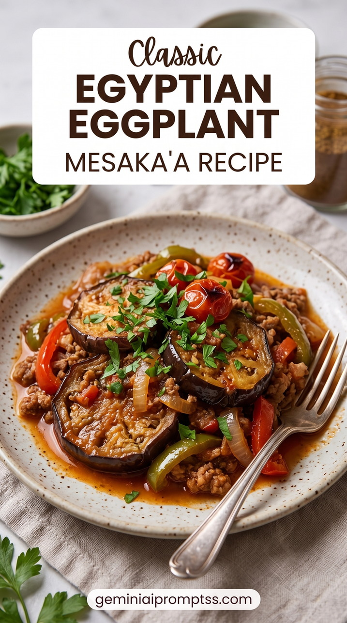 Egyptian Eggplant Mesa'a'a showing Egyptian-style eggplant with tomato, peppers, onions, and herbs