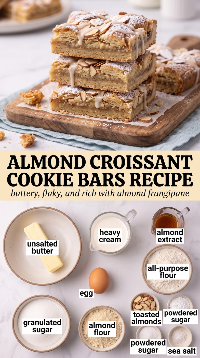 Almond Croissant Cookie Bars Recipe showing almond croissant cookie bars with a buttery almond center and toasted-almond top