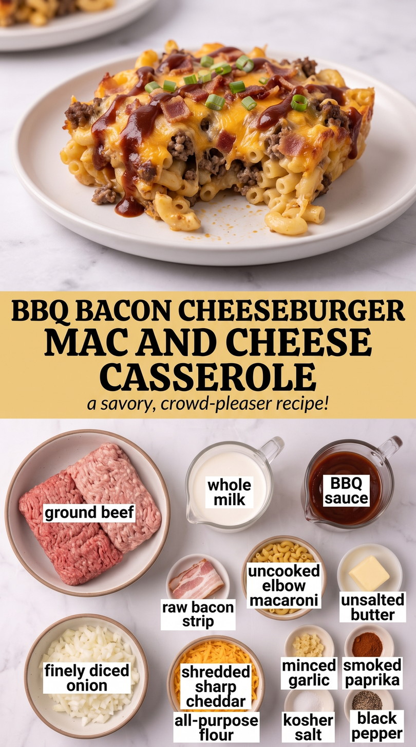 Bbq Bacon Cheeseburger Mac and Cheese Casserole with barbecue cheeseburger macaroni with ground beef, crisp bacon, smoky cheddar sauce, and onion