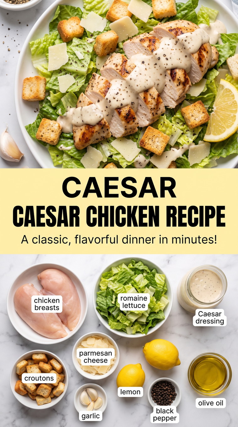 Caesar chicken recipe showing grilled chicken with crisp greens, Parmesan, croutons, and creamy Caesar dressing