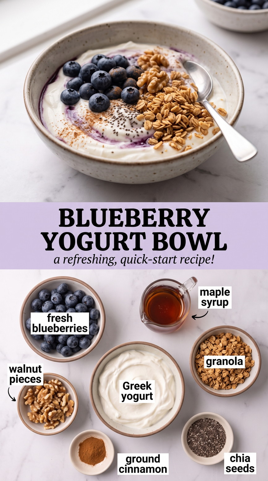 Blueberry Yogurt Bowl showing Greek yogurt with blueberries, granola, walnuts, chia, maple syrup, and cinnamon