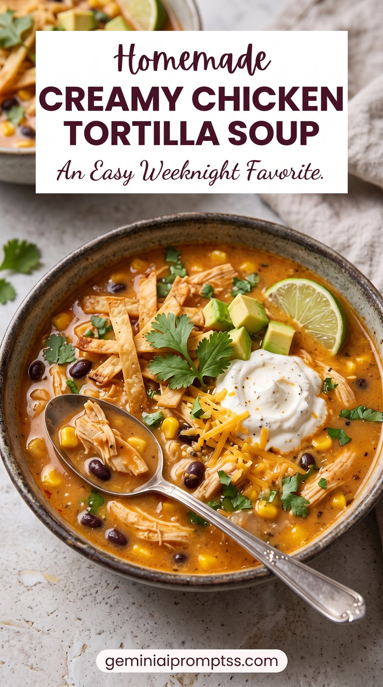 Creamy Chicken Tortilla Soup Easy with shredded chicken, tortilla strips, avocado, beans, corn, lime, and a red tomato-chile broth