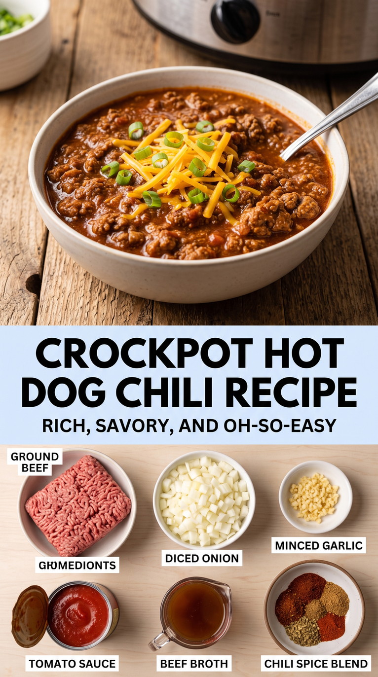 Crockpot Hot Dog Chili Recipe with hot dog chili sauce made with ground beef, onion, garlic, tomato sauce, broth, and chili spices