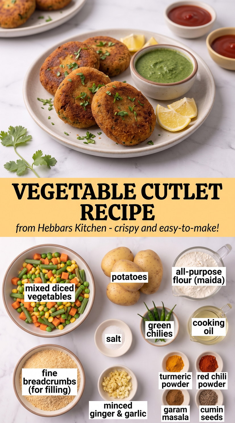 Indian-Style Mixed Vegetable Cutlets prepared as a finished hebbars kitchen vegetable cutlet recipe recipe with browned cutlets ready to serve